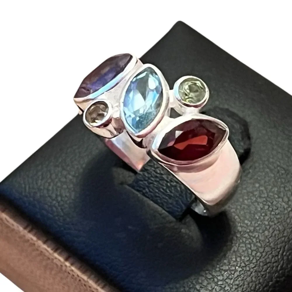 Amazing Blue Topaz Garnet Amethyst Peridot Citrine Sterling Silver Ring Size 7